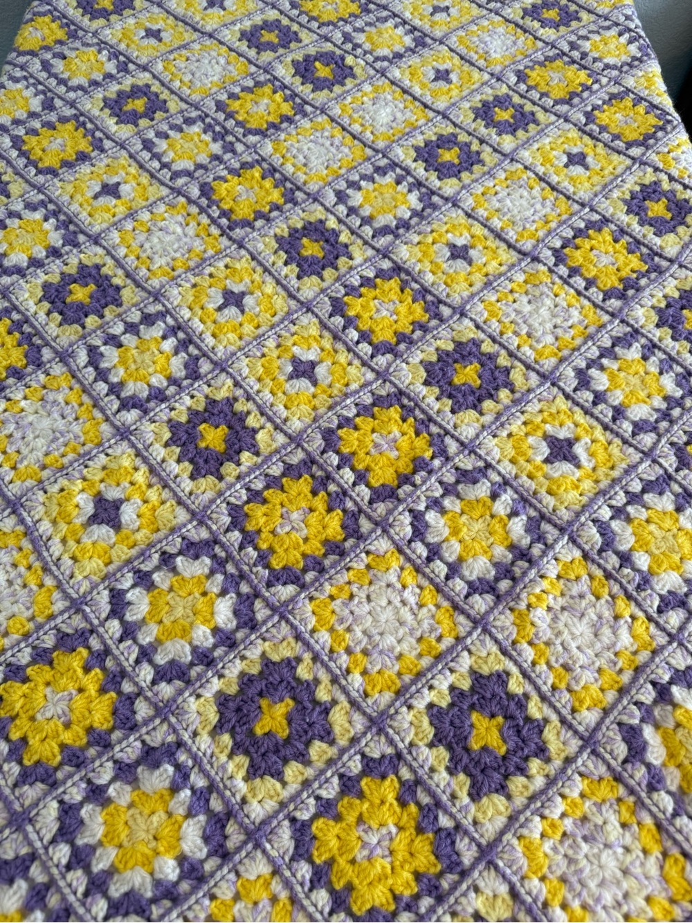 Vintage Crocheted Afghan Sofa Granny Squares Purple Yellow 50 X 80